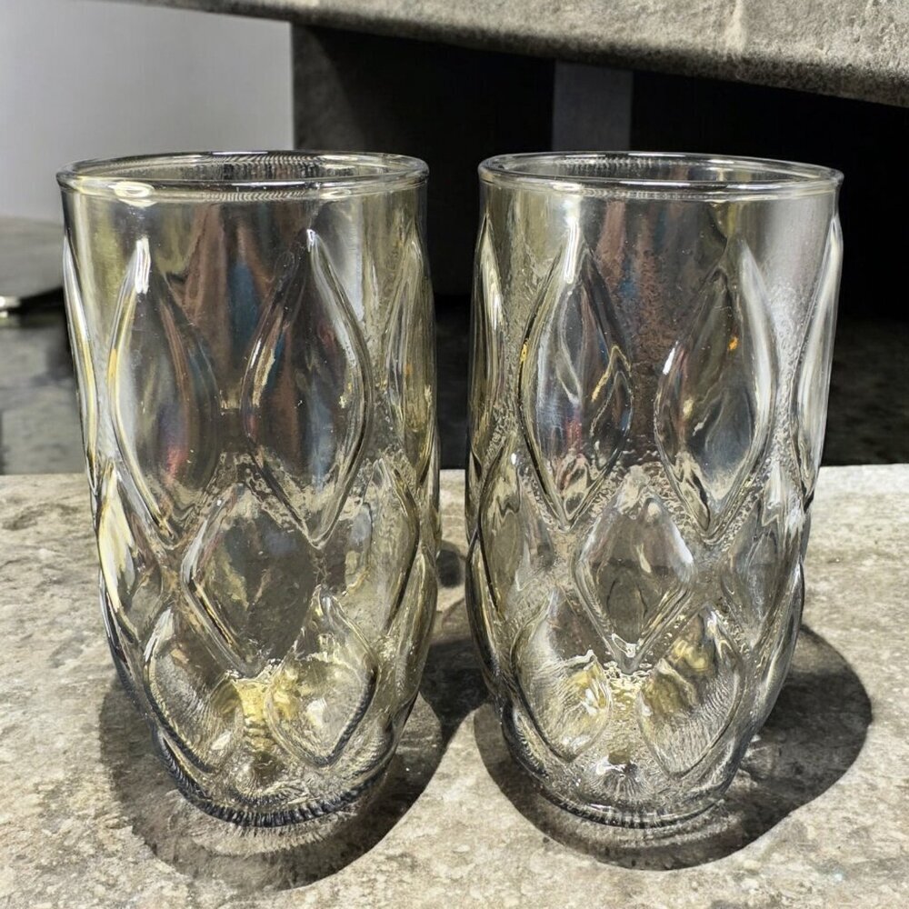 Anchor Hocking Madrid Diamond Quilt Pattern Glasses Tumblers Set‎ 2 Smokey Brown